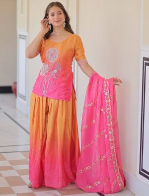 Pink And Orange Chinon Ready To Wear Palazzo Suit FABSL22257