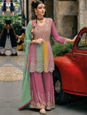 Pink Chinon Semi Stitched Sharara Style Palazzo Suit small FABSL21713