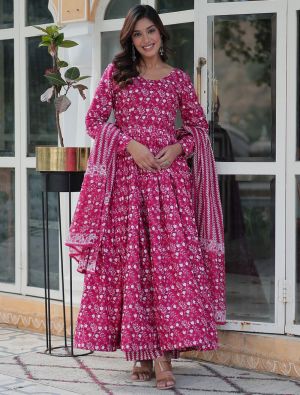 Pink Cotton Printed Ready To Wear Salwar Kameez FABSL22140