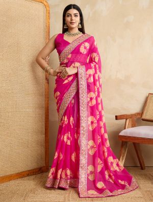 Pink Georgette Printed Saree With Lace Border