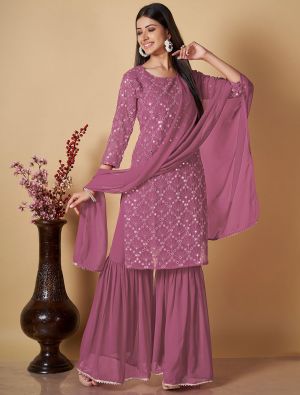 Pink Georgette Readymade Sharara Suit With Mirror Work FABSL21739
