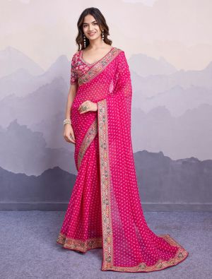 Pink Georgette Saree With Bandhani Print And Embroidery