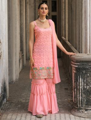 Pink Georgette Sequined Readymade Sharara Suit FABSL21848
