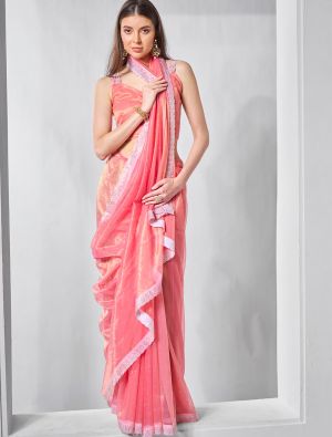 Pink Gold Tissue Net Fancy Party Wear Saree