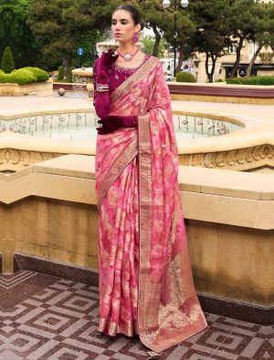 Pink Jacquard Silk Elegant Saree With Woven Work