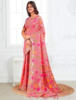 Pink Linen Cotton Jacquard Woven Saree