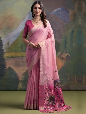 Pink Muga Cotton Saree With Zari Weaving