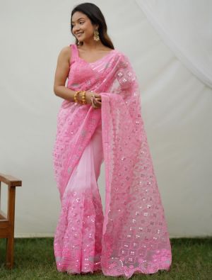 Pink Organza Party Wear Saree With Thread And Sequins