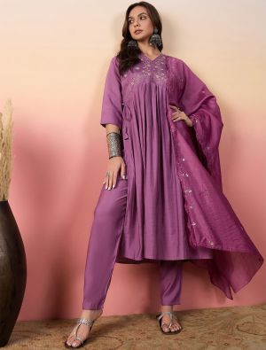 Pinkish Purple Silk Blend Embroidered Readymade Salwar Kameez FABSL21952