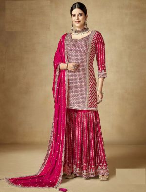 Pinkish Red Chinon Semi Stitched Sharara Suit small FABSL21767