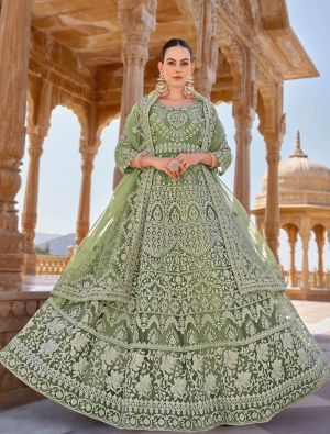 Pista Green Butterfly Net Semi Stitched Designer Anarkali Suit small FABSL21765