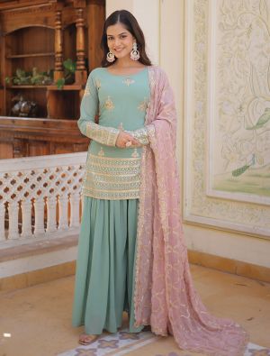 Pista Green Georgette Embroidered Readymade Palazzo Suit FABSL21748
