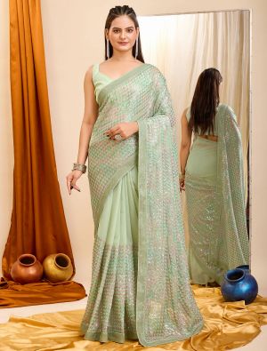 Pista Green Georgette Party Wear Saree With Sequins