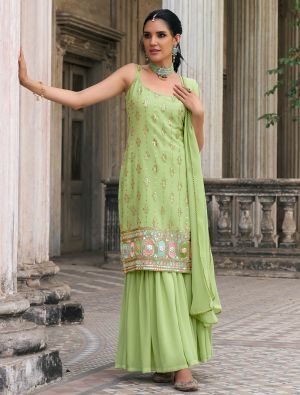 Pista Green Georgette Sequined Readymade Sharara Suit FABSL21851