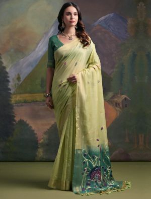 Pista Green Muga Cotton Saree With Zari Weaving