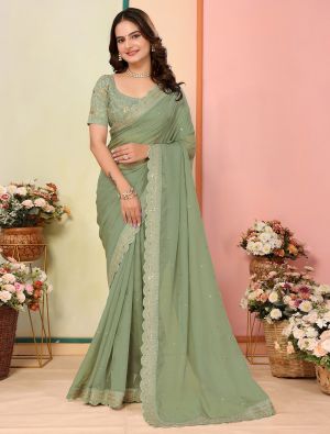 Pista Green Organza Embroidered Saree
