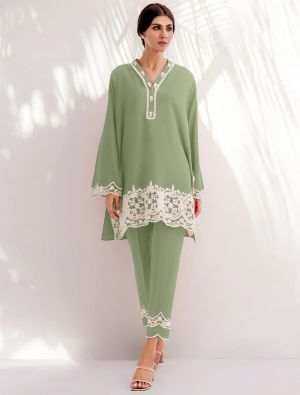 pista green poly viscose chanderi embroidered kurta pant set fabku20936