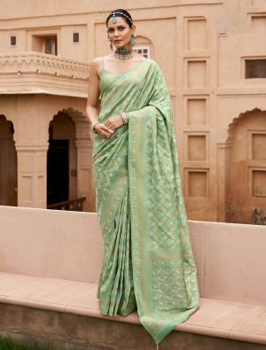 Pista Green Viscose Silk Saree With Brocade Weaving