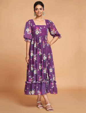purple georgette printed elegant midi dress fabku20882