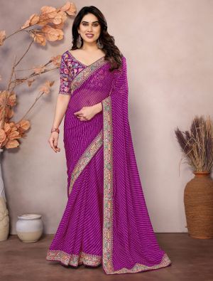 Purple Georgette Printed Saree With Embroidery
