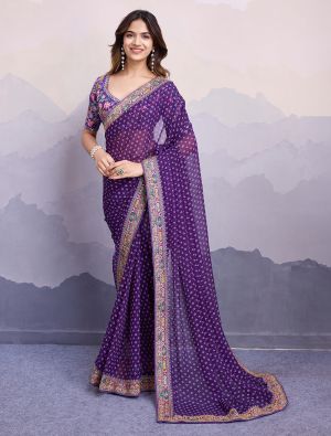 Purple Georgette Saree With Bandhani Print And Embroidery