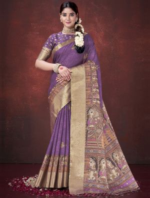 Purple Habotai Silk Traditional Pattern Saree