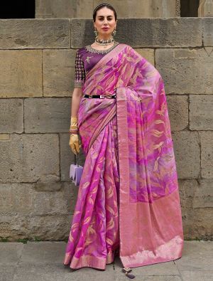 Purple Pink Jacquard Silk Elegant Saree With Woven Work