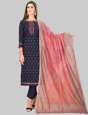 Navy Blue Chanderi Silk Straight Suit with Dupatta small FABSL20024