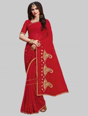 Red Georgette Designer Saree small FABSA20079