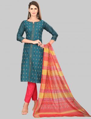 Teal Blue Chanderi Silk Straight Suit with Dupatta small FABSL20014