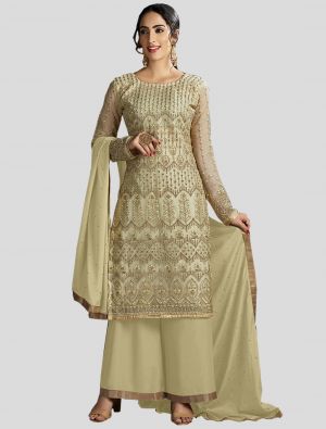 Cream Net Straight Suit with Dupatta small FABSL20101
