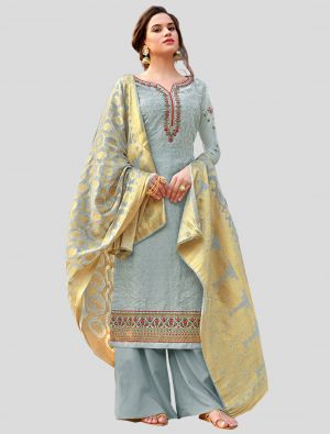 Steel Blue Tussar Art Silk Straight Suit with Dupatta small FABSL20079