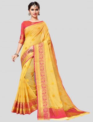 Yellow Cotton  Silk Designer Saree small FABSA20286