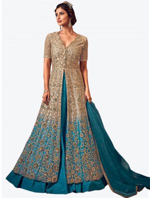 Cream and Blue Net Floor Length Suit with Dupatta small FABSL20110