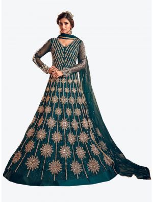Teal Blue Net Floor Length Suit with Dupatta small FABSL20105