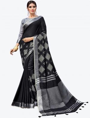 Black Linen Designer Saree small FABSA20498