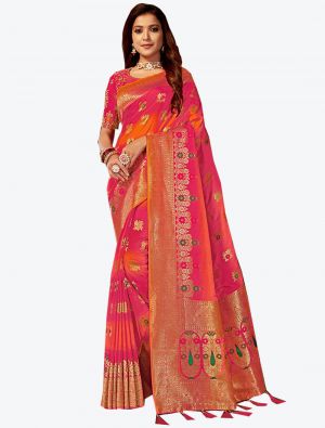 Dark Pink and Orange Jacquard Silk Designer Saree small FABSA20447