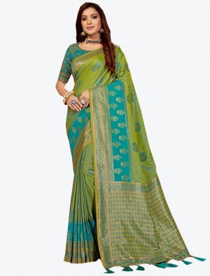 Green and Blue Jacquard Silk Designer Saree small FABSA20448