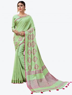 Light Green Linen Designer Saree small FABSA20504