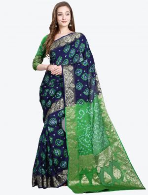 Navy Blue and Green Viscose Georgette Designer Saree small FABSA20496