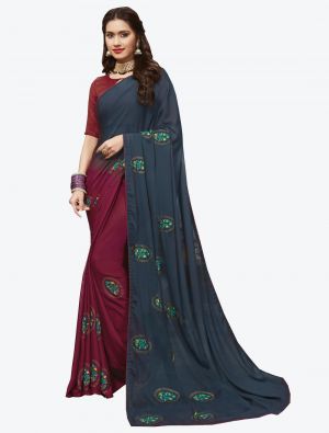 Navy Blue and Maroon Georgette Designer Saree small FABSA20441