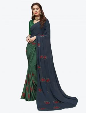 Navy Blue and Teal Green Georgette Designer Saree small FABSA20435