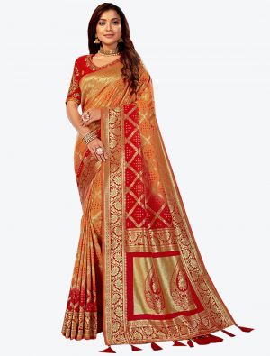 Orange and Red Jacquard Silk Designer Saree small FABSA20443