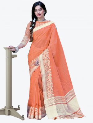 Orange Linen Cotton Designer Saree small FABSA20457