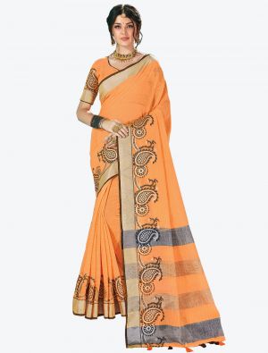 Orange Linen Cotton Designer Saree small FABSA20482