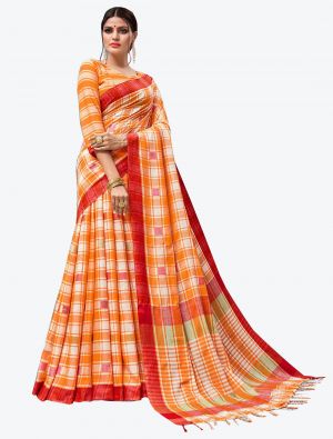 Orange Linen Designer Saree small FABSA20501