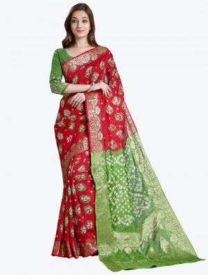 Red and Green Viscose Georgette Designer Saree small FABSA20494