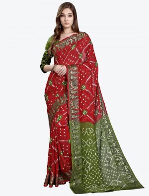 Red and Olive Green Viscose Georgette Designer Saree small FABSA20491