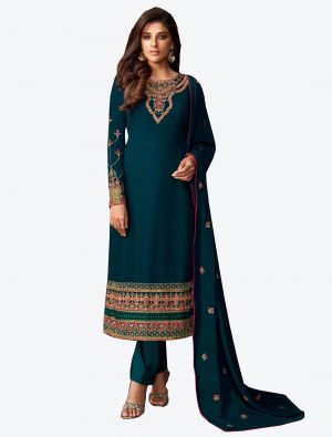Teal Blue Georgette Straight Suit with Dupatta small FABSL20173