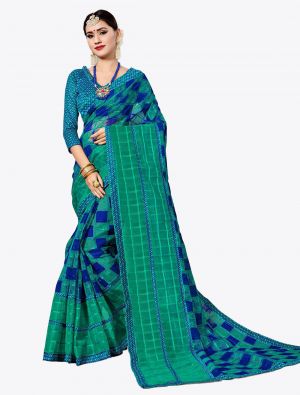 Sea Green and Royal Blue Kota Silk Designer Saree small FABSA20632